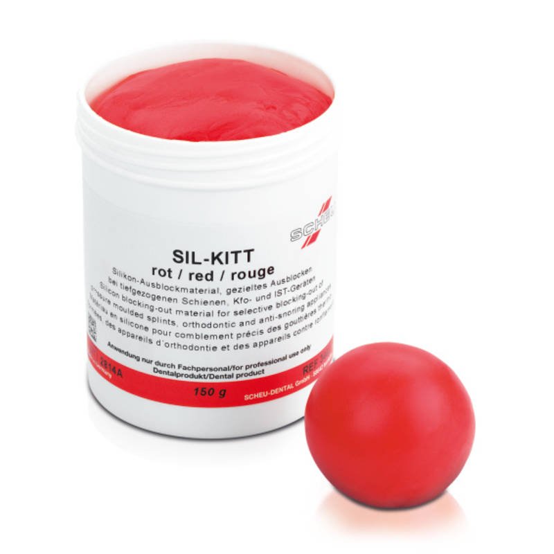 Scheu-Dental Sil-Kitt Red thermoforming material accessory, 150g, shown in a container with a red-colored substance.