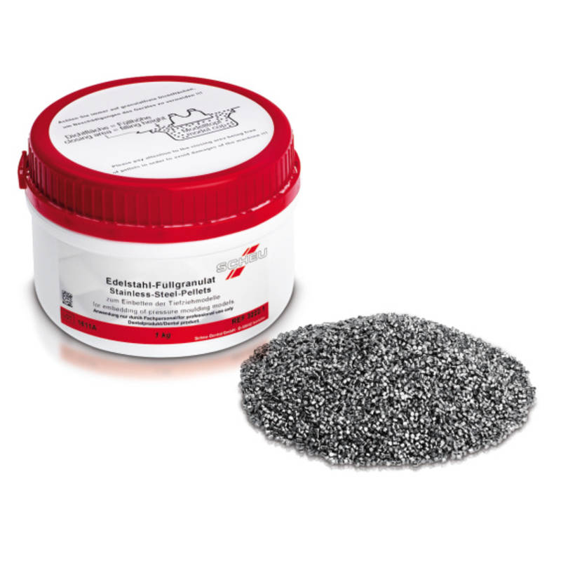 Scheu-Dental stainless steel pellets for thermoforming, 1 kg container, shown in a clear, sealed package for dental accessory use.