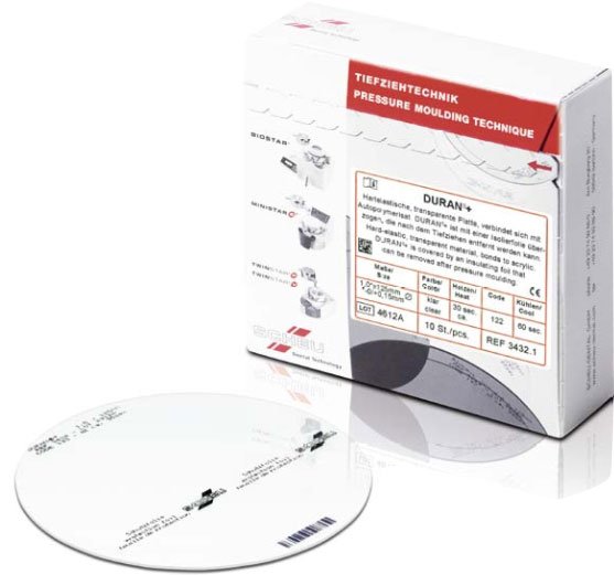 Scheu-Dental Duran+Plus integrated insulation foil round sheets, 125mm diameter, with 0.4mm thickness, arranged in a pack.