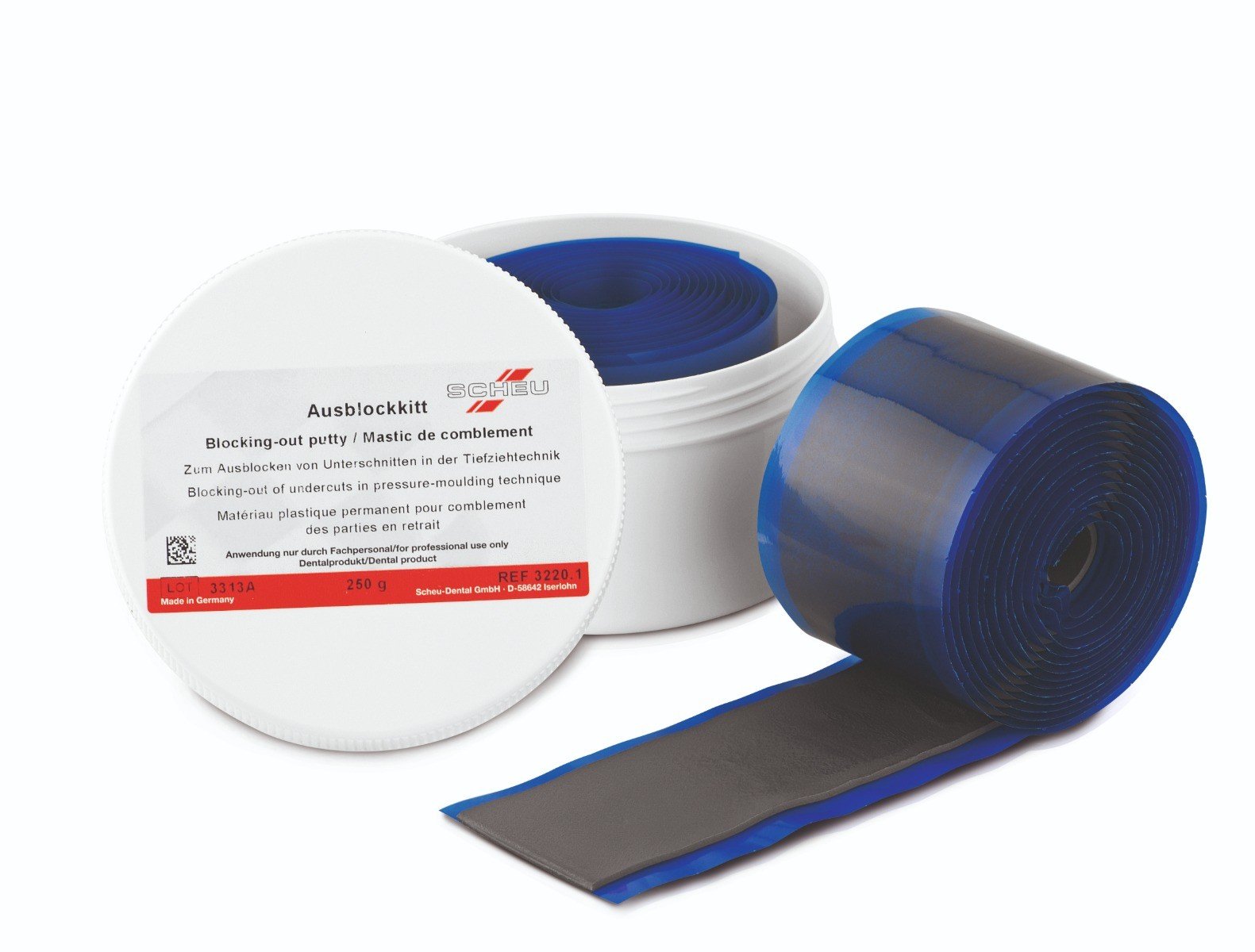 Scheu Dental Blocking Out Putty Blue for electro polisher, 250 grams, blue dental impression material.