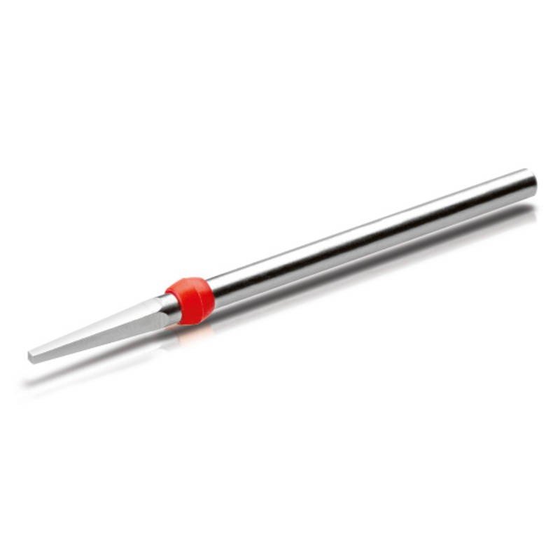 Red Scheu Finishing Bur for dental finishing, Scheu-Dental finishing accessory, close-up of the precision dental tool.