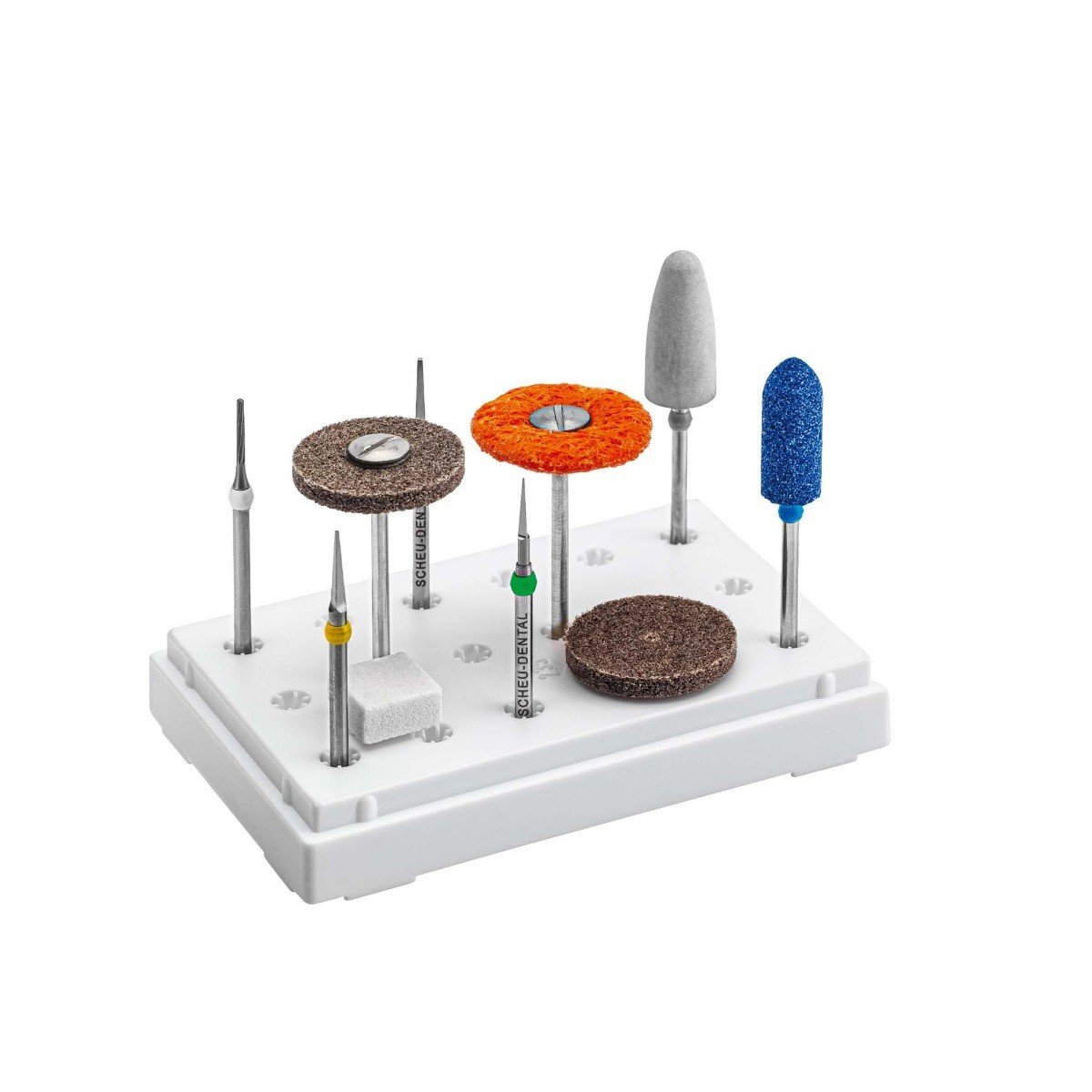 Scheu-Dental Finishing Set with finishing accessories for dental restorations, featuring various polishing and smoothing tools.