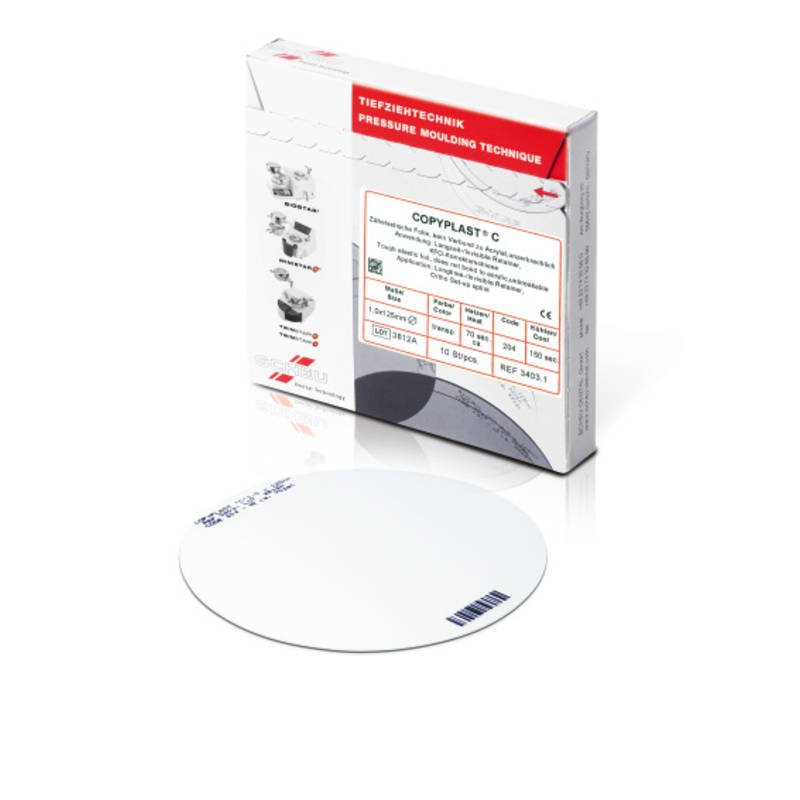 Scheu-Dental Copyplast "C" round hard sheet, size 1.0 x 125 mm, showing the smooth, rigid dental material in a clean sheet form.