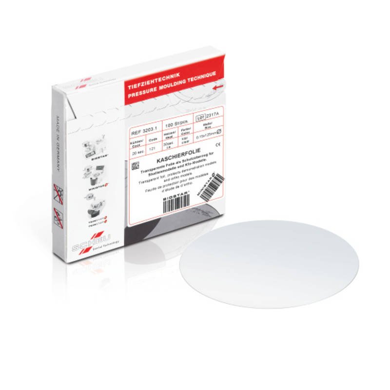 Scheu-Dental transparent coating foil, 0.15 x 125 mm hard sheet for dental applications, shown in the image.