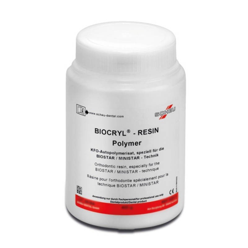 Scheu-Dental Biocryl Resin Polymer 1 Kg, orthodontic acrylics for dental applications, shown in a clear image with packaging.