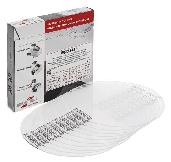 Clear Scheu-Dental Bioplast soft sheet, 125mm, in a pack of 10, used for dental applications and soft sheet materials.