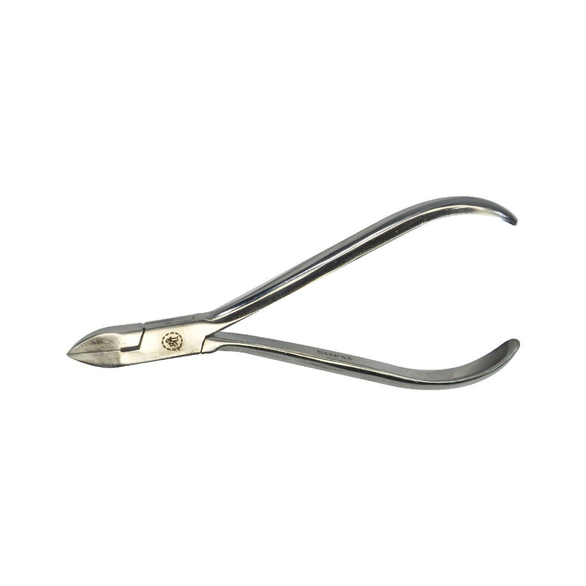 Curved ligature cutter from Shree Orthodontics with ergonomic handle for precise orthodontic wire cutting.
