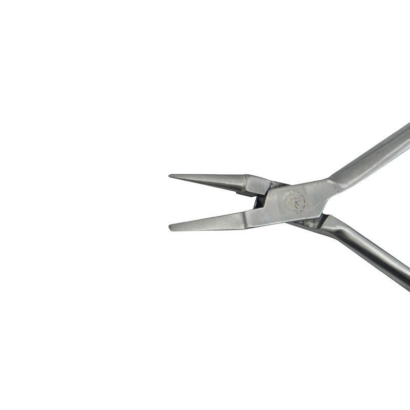 Shree Orthodontics light wire and bird beak plier without grooves, long handle for precise orthodontic wire manipulation.