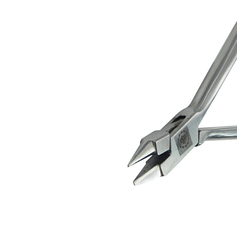 Shree Orthodontics light wire bird beak plier without grooves, short handle for precise orthodontic wire work and adjustments.