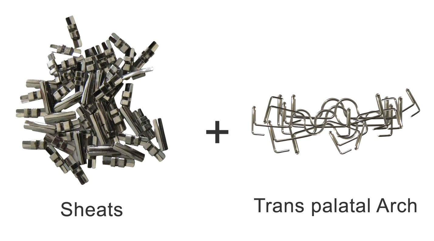 Shree Trans Palatal Arch Bars in a lingual sheath kit by Shree Orthodontics, with multiple arch bars and sheaths visible in the image.