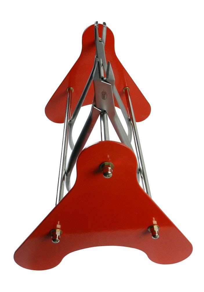 Shree Orthodontics SS non-foldable plier rack stand with yellow organizer slots for dental tools and orthodontic pliers.