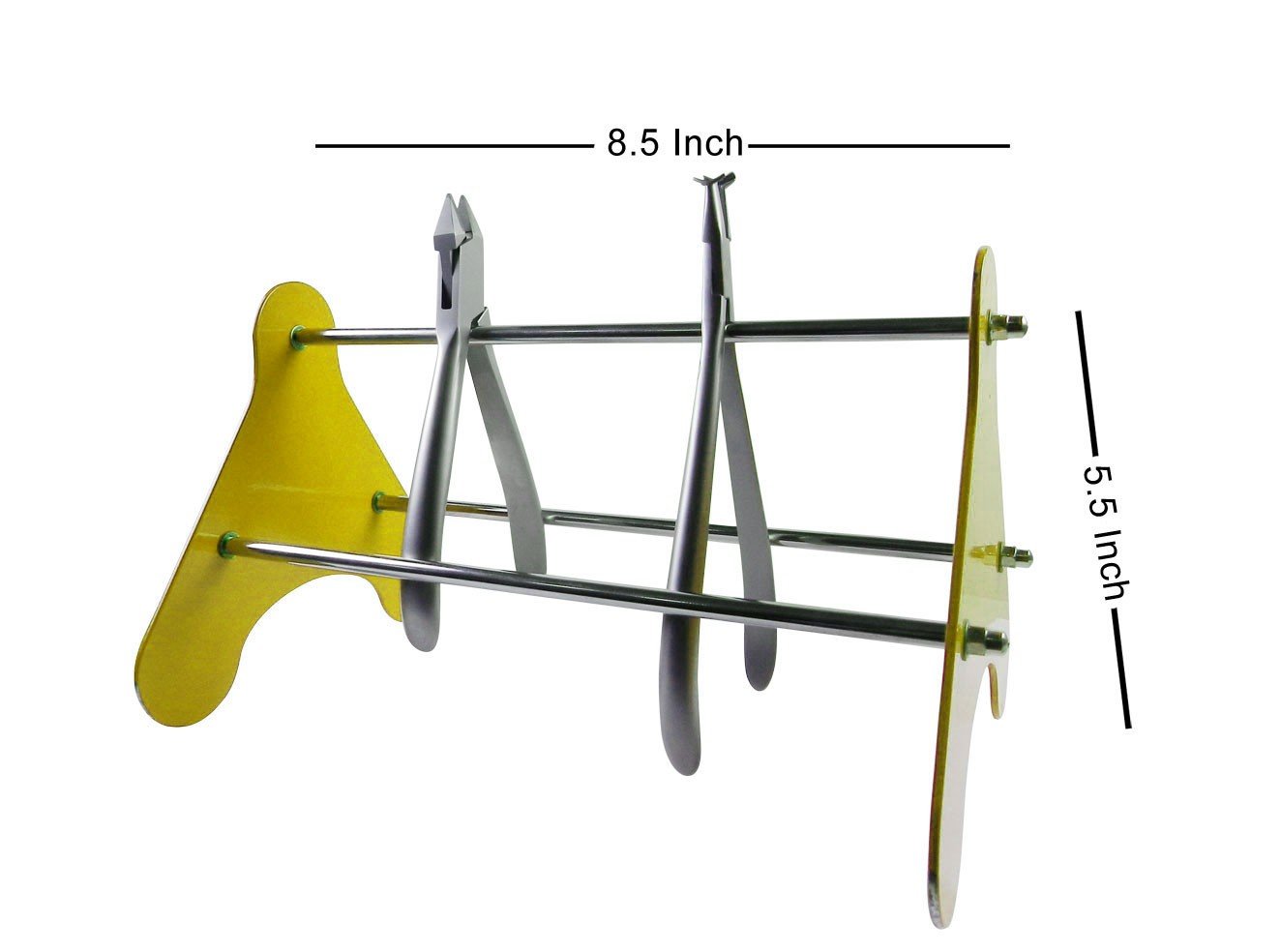 Shree Orthodontics SS Non-Foldable Plier Rack Stand with yellow finish, organized for dental or orthodontic tools.