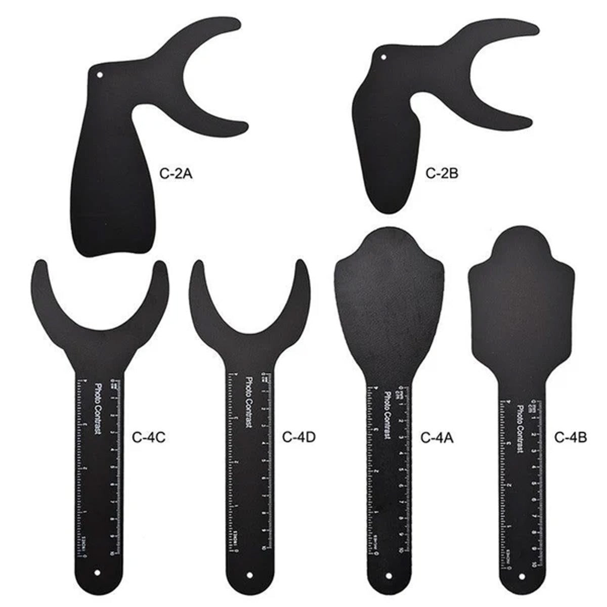 Six Shree Steel Contraster photographic contrastors from Shree Orthodontics arranged in a set, showcasing dental contrast tools.