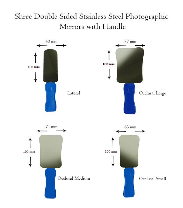 Shree Double Sided Stainless Steel Photographic Mirror with Handle, occlusal size 63x100mm, used for dental photography and orthodontics.
