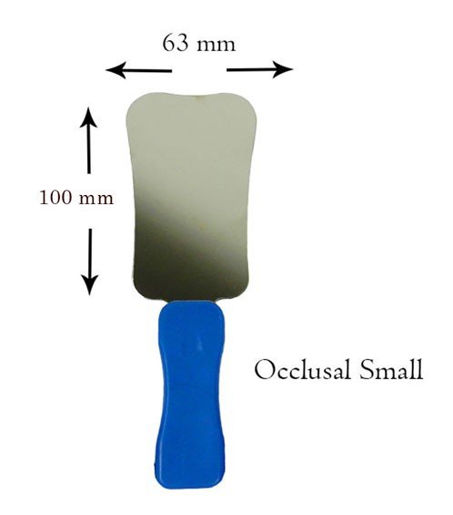 Shree Double Sided Stainless Steel Photographic Mirror with Handle, small occlusal size, used for dental photography and examination.