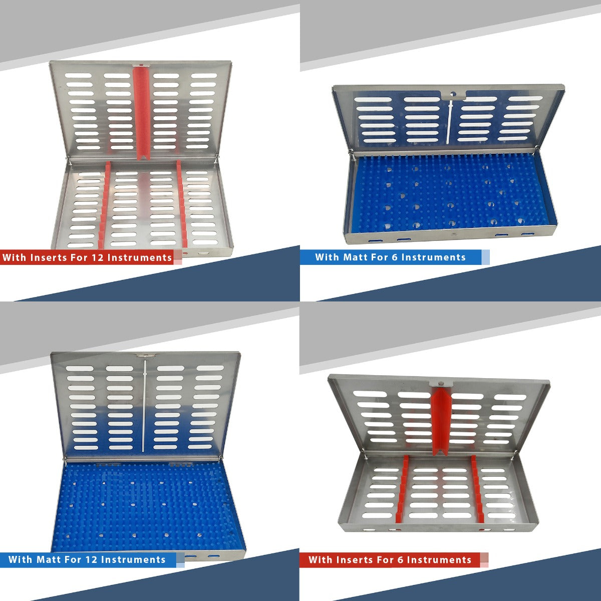 Shree Orthodontics sterilization cassette with a matte lid holding 12 dental instruments for sterilization.