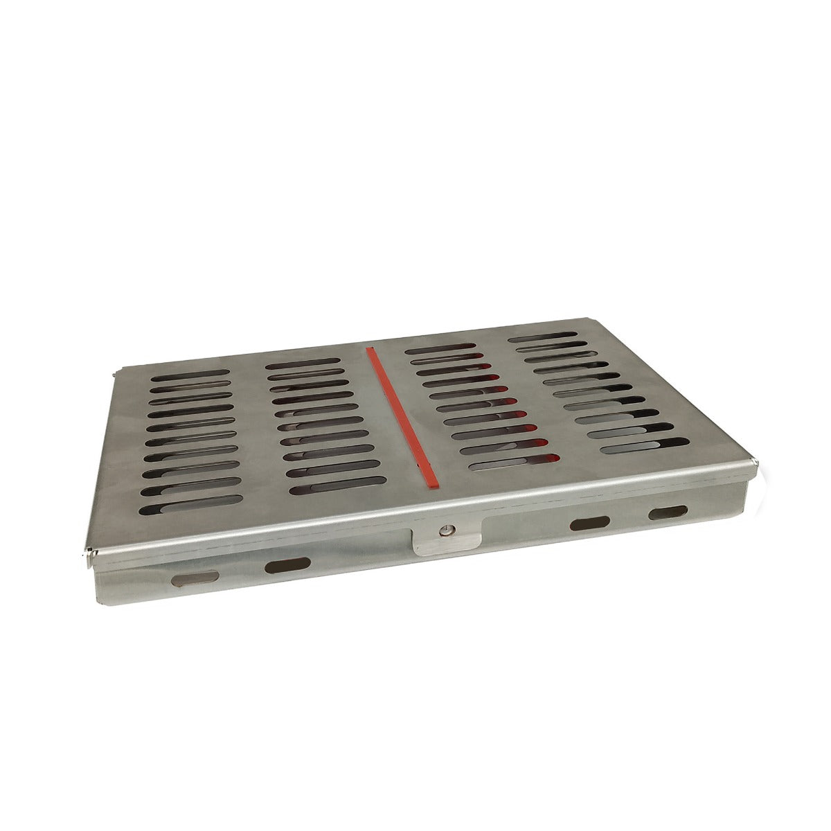 Shree Orthodontics sterilization cassette with a matte lid for 12 orthodontic instruments, used for medical sterilization procedures.