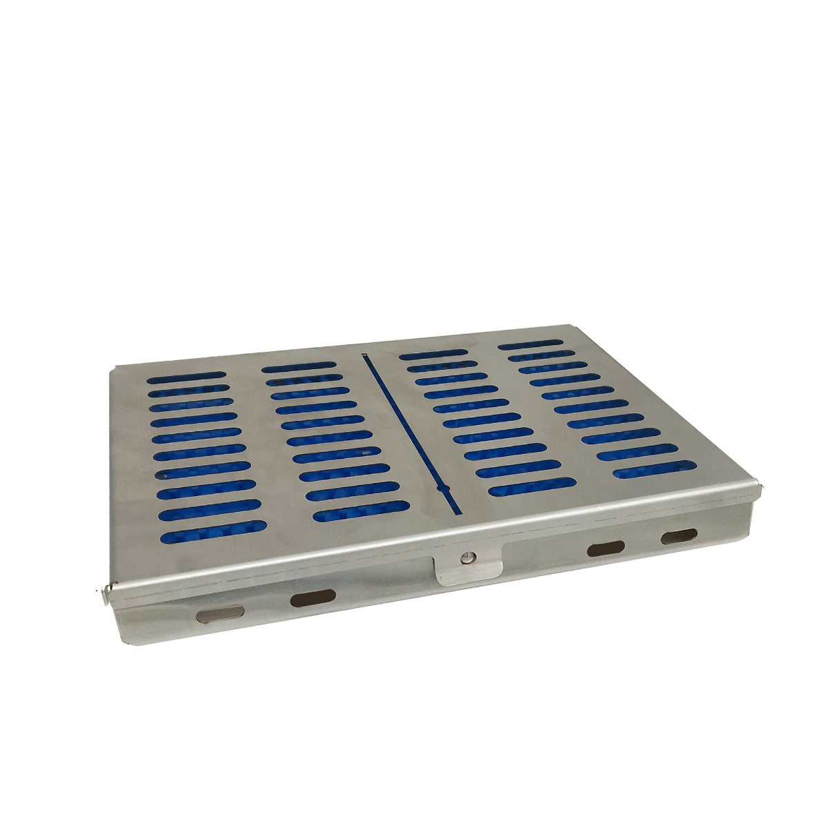 Shree Orthodontics sterilization cassette with a matte lid holding 12 dental instruments for sterilization and storage.