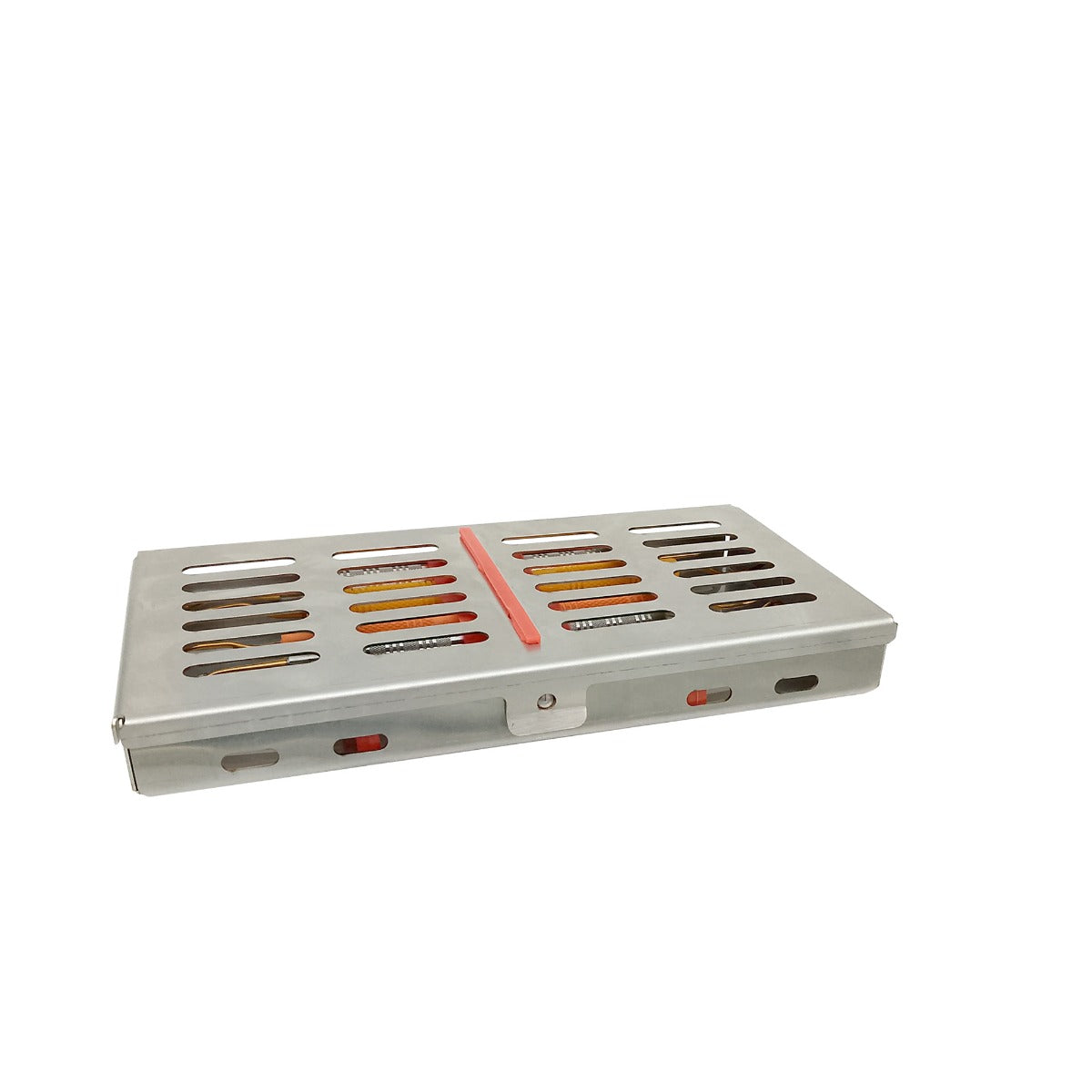 Shree Orthodontics sterilization cassette with matte for 12 instruments, used for safe sterilization and organized storage.