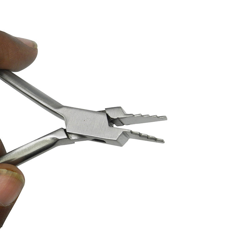 Shree Orthodontics Shree Nance Loop Forming Plier for wire forming in orthodontic procedures, with a close-up of the tool.