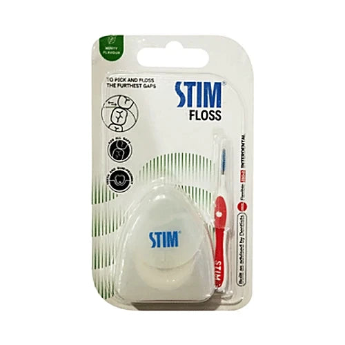 Stim Minty Flavour Dental Floss with Interdental Brush, showing the floss package with mint flavor branding and interdental cleaning features.