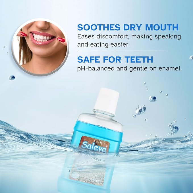 STIM Saleva mouthwash for dry mouth in three 480ml bottles, featuring a clear liquid and mouthwash cap on a white background.
