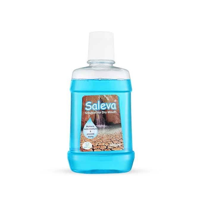 STIM Saleva mouthwash for dry mouth in 480ml bottles, shown in a set of three bottles with labels visible.