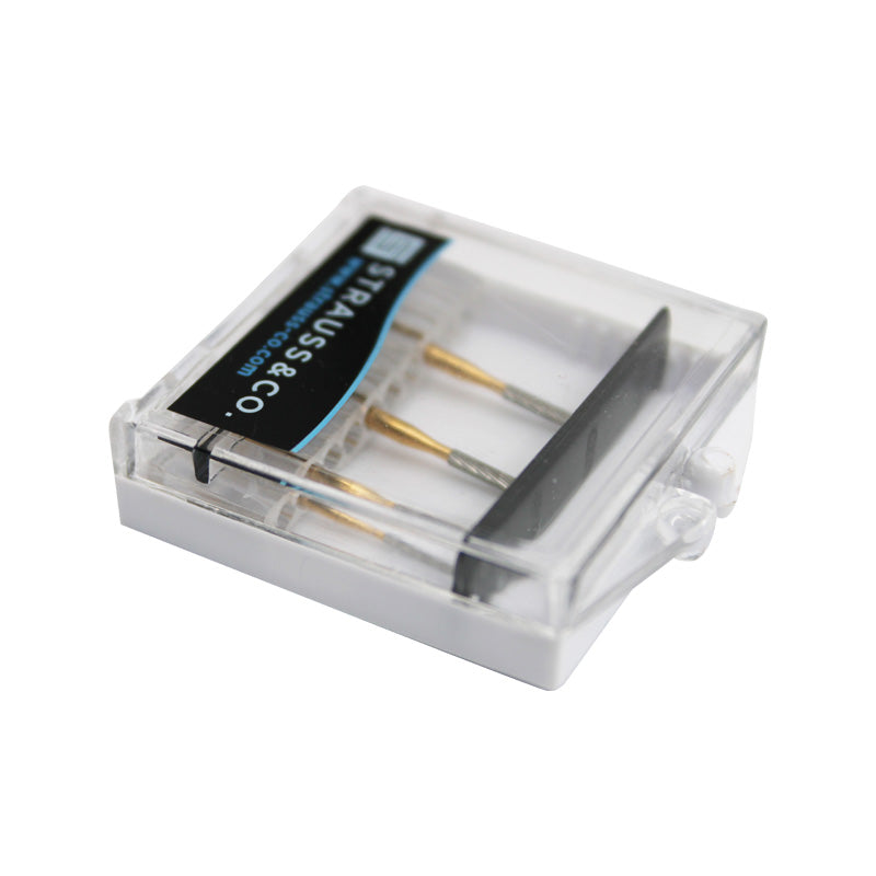 Strauss & Co 12 Blade Bond Removal Bur set with three dental burs for efficient adhesive removal and bond cleanup.