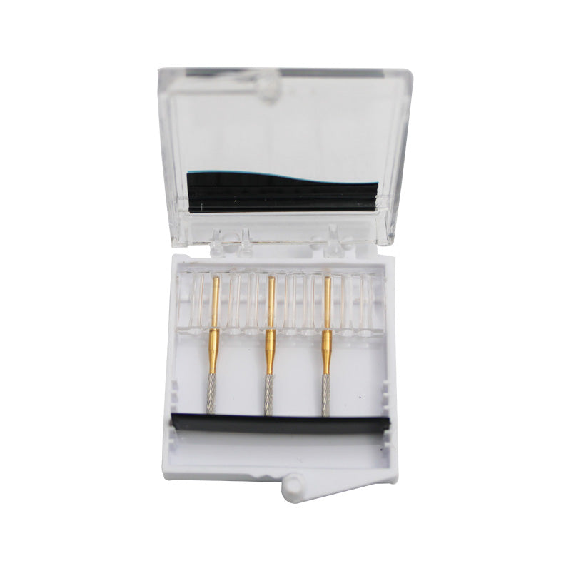Strauss & Co 12-blade bond removal bur set with three burs, used for dental or industrial material removal.