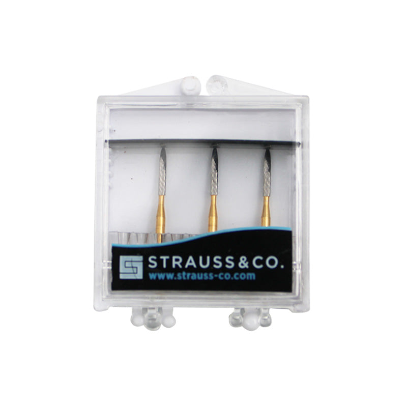 Strauss & Co 12-blade bond removal bur set, dental burs and discs for precise bond removal, shown in a three-piece pack.