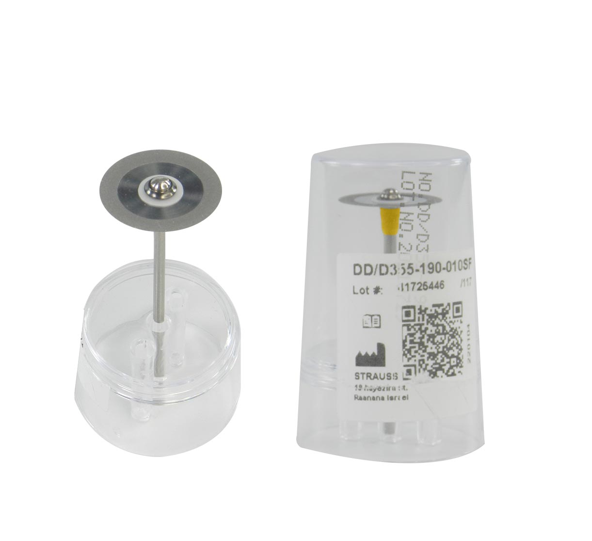 Strauss & Co Diamond Discs 0.10mm interproximal stripping double side, fine grit, mounted for dental interproximal reduction.