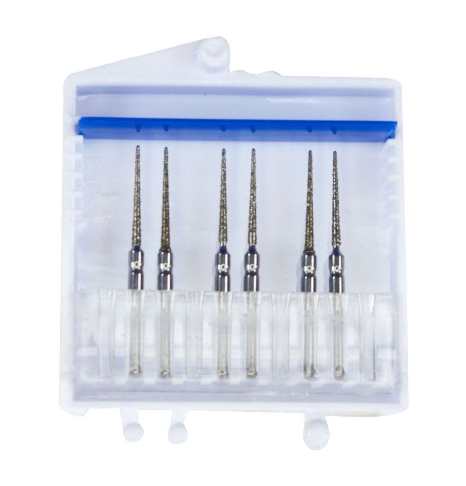 Strauss & Co FG Diamond Burs Needle 010 Coarse IPR 6-pack, dental burs for precise cutting and shaping in dental procedures.