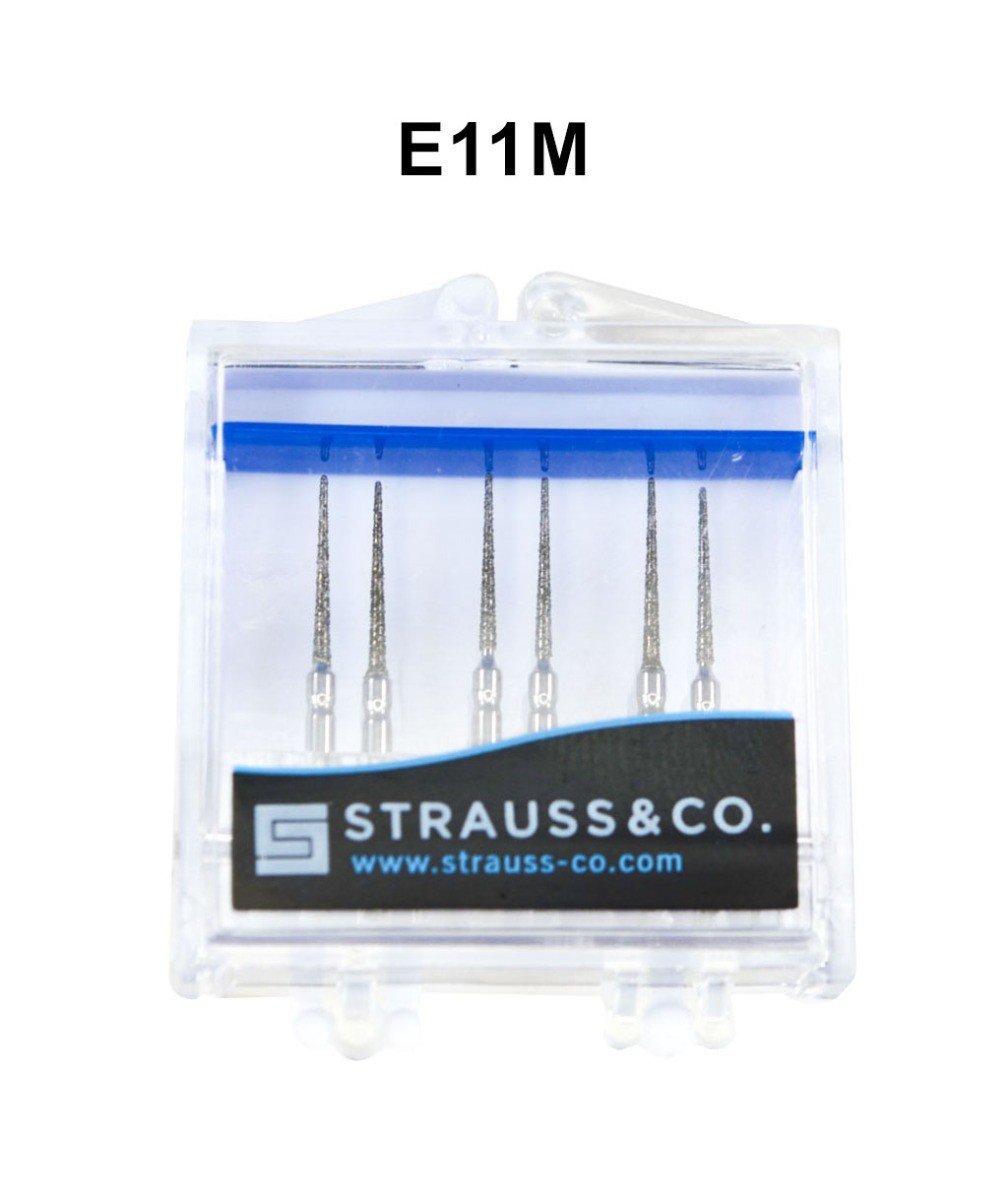 Strauss & Co FG Diamond Burs Needle 010 IPR coarse burs, 6-pack, for dental procedures, featuring needle shape and diamond grit.