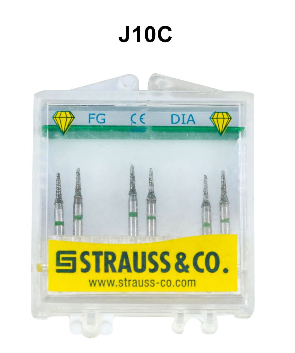 Strauss & Co FG Diamond Burs Inter Proximal 016, coarse IPR dental burs, set of 6 in packaging.