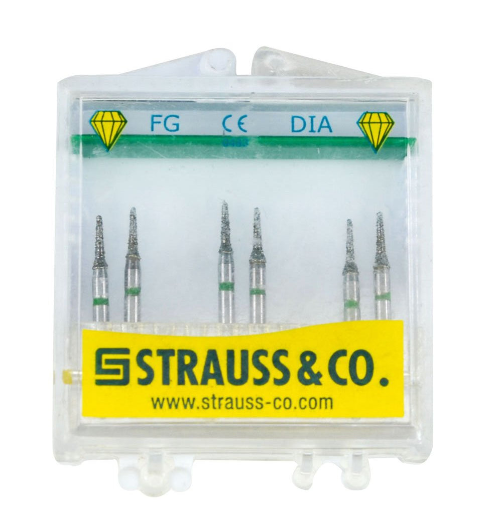 Strauss & Co FG Diamond Burs Inter Proximal 016, coarse IPR dental burs, set of 6 in packaging.