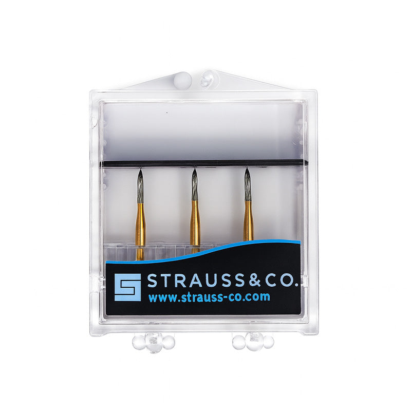 Strauss & Co Carbide Needle Bur 12 Blade 010 set, dental burs for precise IPR procedures, three-piece pack, FG7902.
