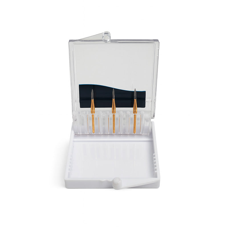 Strauss & Co Carbide Needle Bur with 12 blades, size 010, in a pack of three, for precision dental IPR procedures.