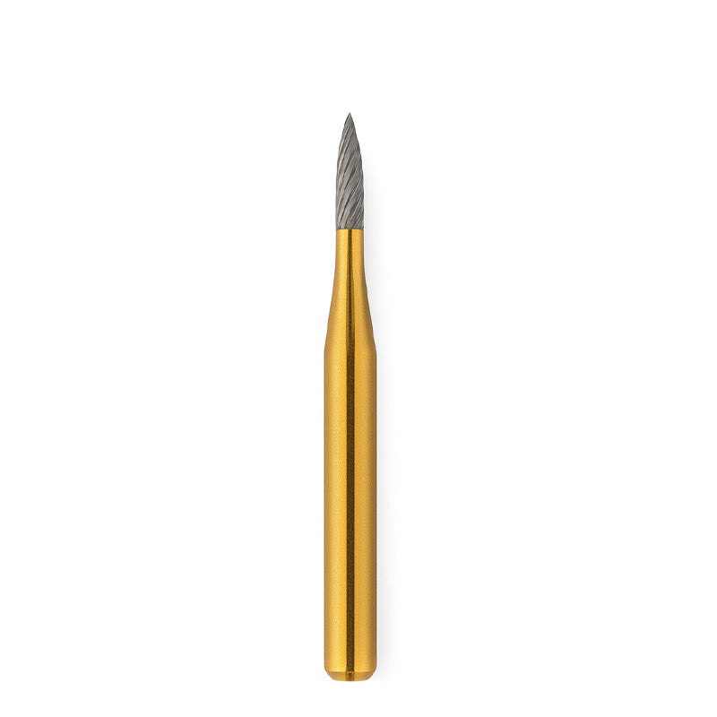 Strauss & Co carbide needle burs with 12 blades, size 010, in a 3-pack, used for precision dental IPR procedures.