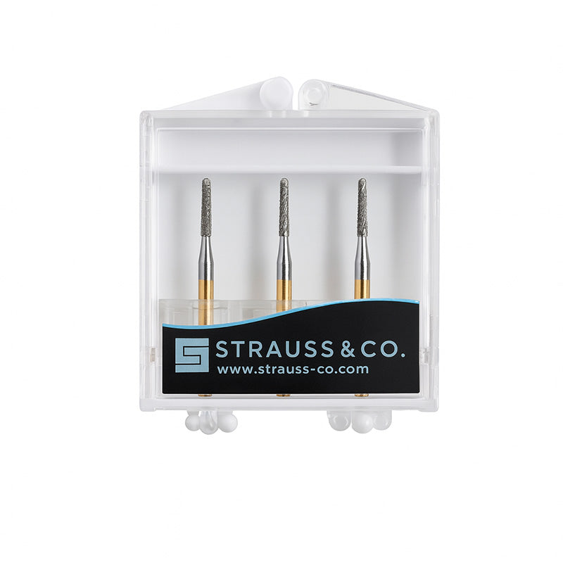Strauss & Co carbide needle bur with 12-flute design, 012 size, shown in a 3-pack for precision dental IPR procedures.