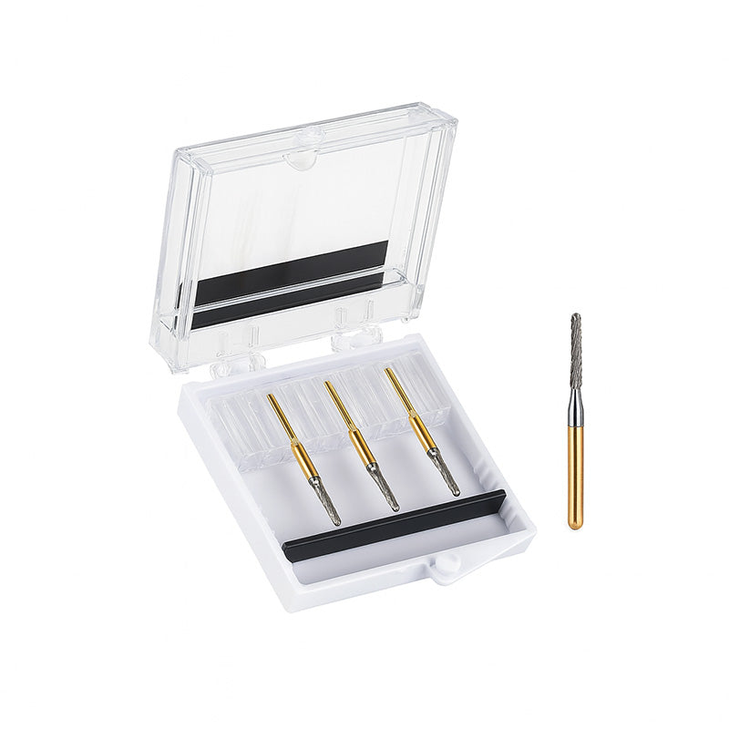 Strauss & Co carbide needle bur with 12 flutes, model FG7903, shown in a set of three for dental procedures.