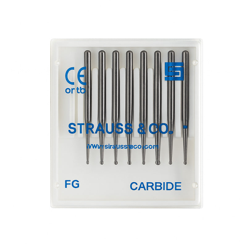 Strauss & Co carbide round FG bur #2, IPR burs, 10-pack, designed for precision dental procedures.
