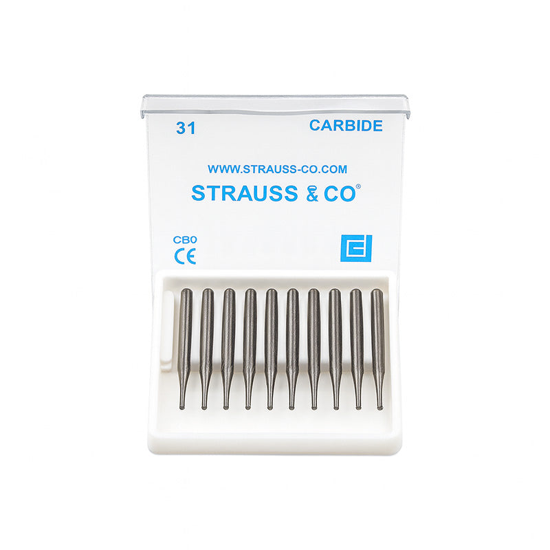 Strauss & Co Carbide Round FG Bur #2, IPR dental burs in a 10-pack, with a durable carbide tip and round shape.