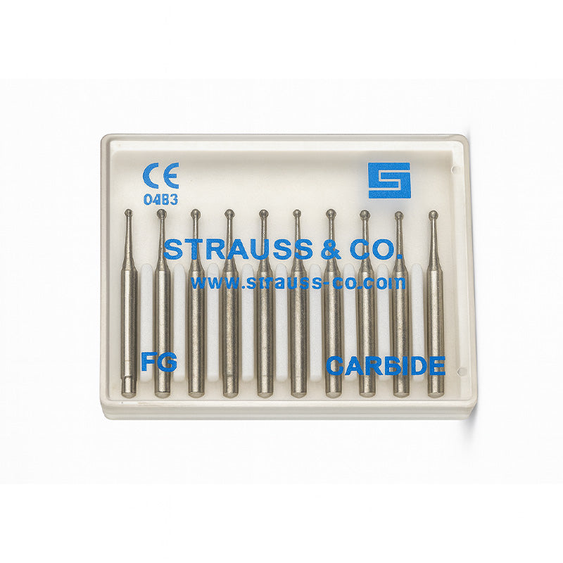 Strauss & Co Carbide Round FG Bur #3, IPR Burs, 10-pack, used for precision dental or industrial grinding and shaping.