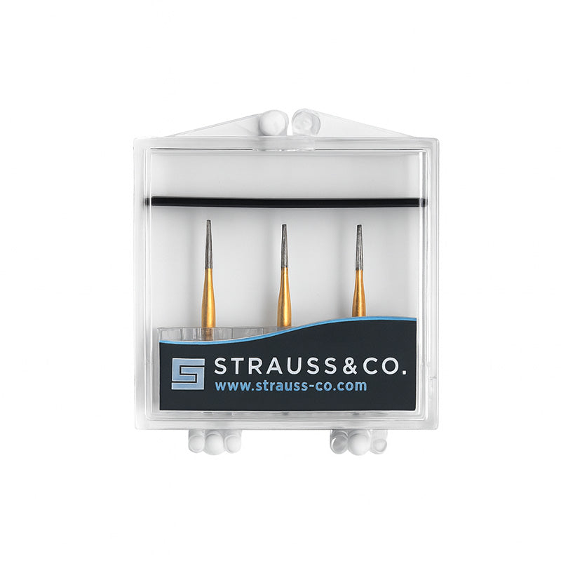 Strauss & Co carbide tapered burs with 12 blades, IPR dental burs, showing the tapered shape and blade design, 3-pack.