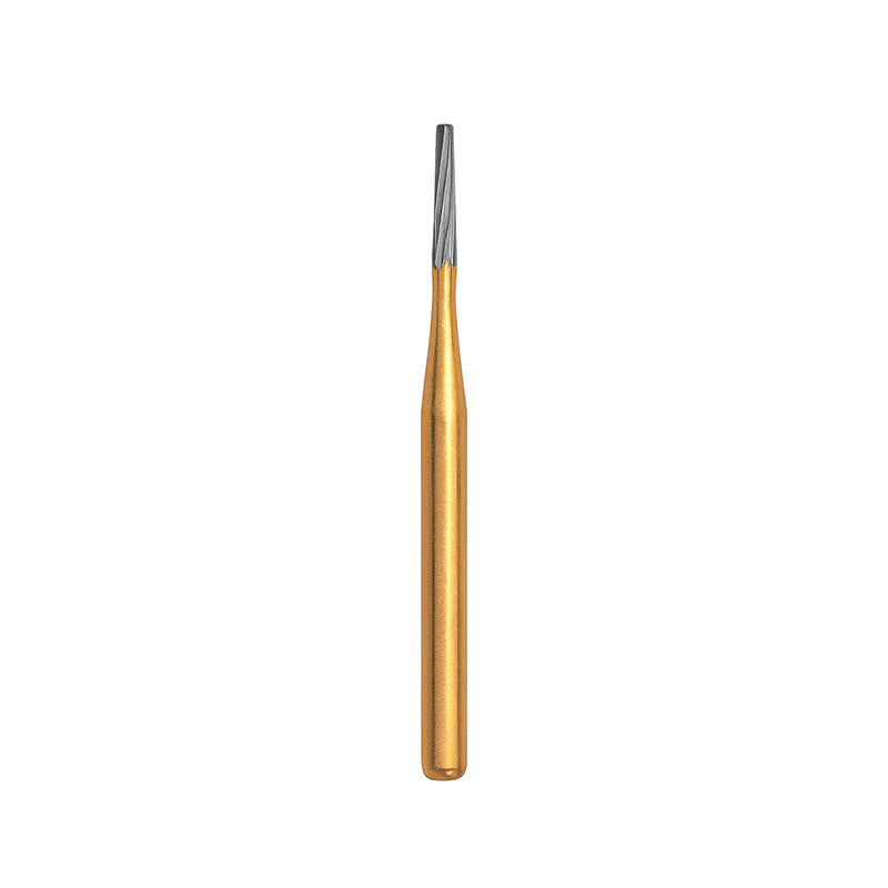 Strauss & Co carbide tapered burs with 12 blades, IPR dental burs, shown in a 3-pack for precision cutting and shaping.