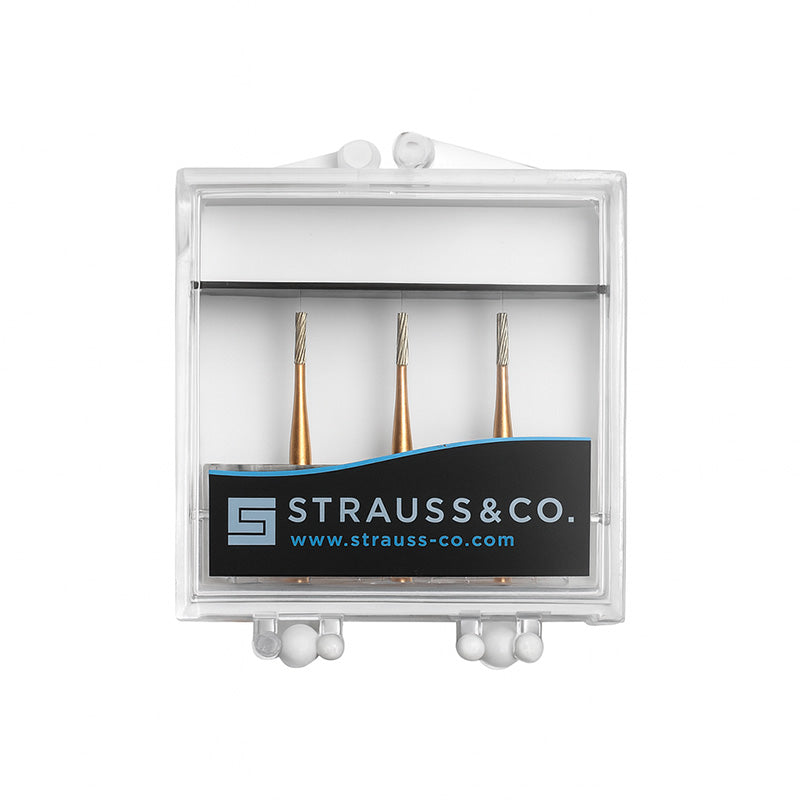 Strauss & Co carbide tapered 12-flute bur for dental IPR procedures, 012 size, shown in a 3-pack for precise dental work.