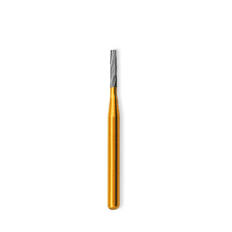 Strauss & Co carbide tapered 12-flute bur, model 012, for dental IPR procedures, shown in a 3-pack.