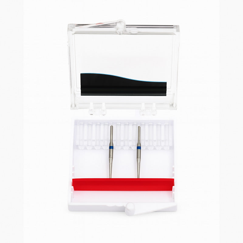 Strauss Magic Touch Needle 012 burs, 2-pack, E12PF IPR dental burs, close-up of the Strauss & Co branded burs.