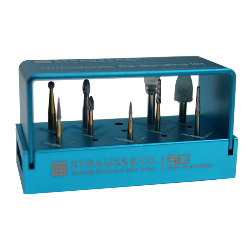 Strauss & Co orthodontic bond removal burs and IPR kit for debonding and enamel reduction in dental orthodontic procedures.
