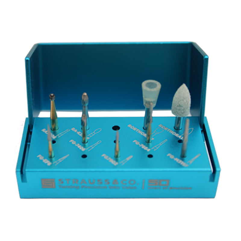 Strauss & Co orthodontic bond removal debonding kit with burs and IPR instruments for orthodontic appliance removal.
